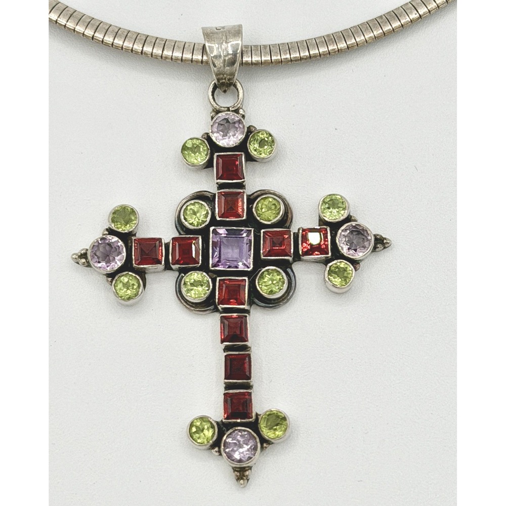 Sterling Silver Multi Gemstone Cross Pendant Necklace 18in Omega Chain 925 Italy